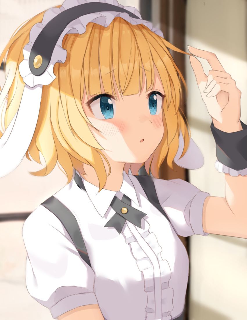 1girl, animal_ears, arm_up, bangs, black_neckwear, blonde_hair, blue_eyes, blush