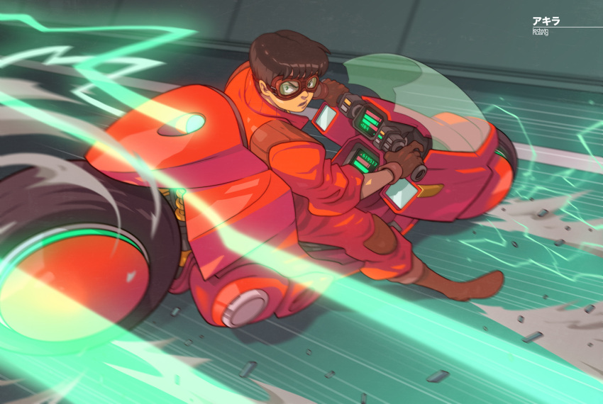 1boy, akira, black_hair, boots, brown_footwear, brown_gloves, commentary, cyberpunk, edwin_huang, english_commentary, gloves, goggles, ground_vehicle, jumpsuit, kaneda_shoutarou, kaneda_shoutarou's_bike, knee_boots, knee_pads, light_trail, male_focus, motor_vehicle, motorcycle, red_jumpsuit, short_hair, shoulder_pads, sliding, solo