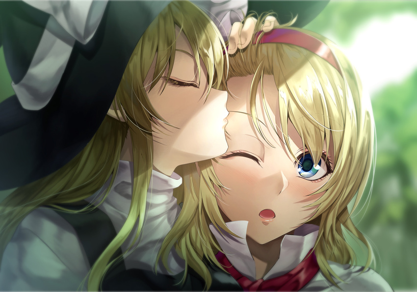 2girls, ;o, akane_hazuki, alice_margatroid, bangs, black_headwear, blonde_hair, blue_eyes