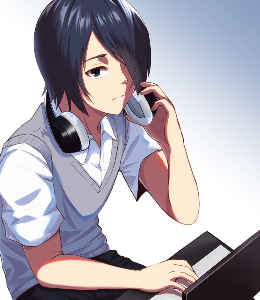 1boy, asada_yo, bangs, black_dress, black_hair, black_pants, blush, collared_shirt