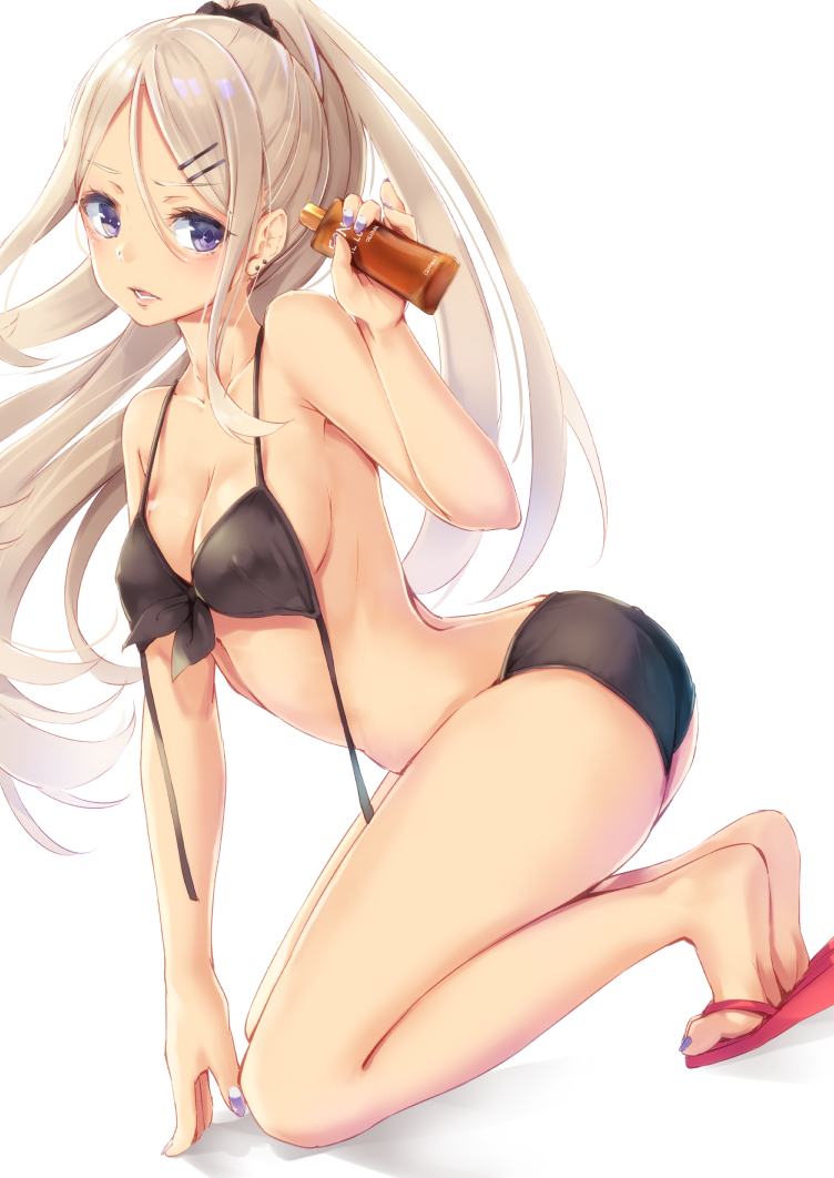 1girl, arm_support, ass, bangs, bikini, black_bikini, blush, bottle