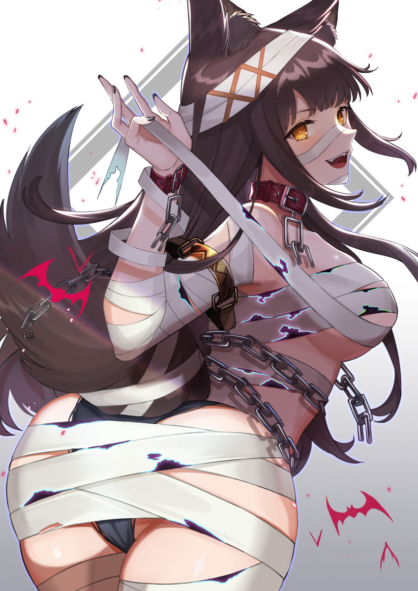 1girl, :d, absurdres, amahara_subaru, animal_ear_fluff, animal_ears, ass, bandages