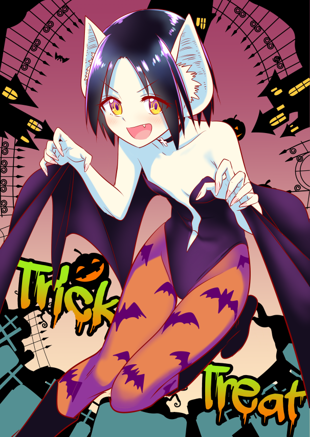 >:), 1girl, :d, animal_ear_fluff, animal_ears, animal_print, bare_shoulders, bat_ears