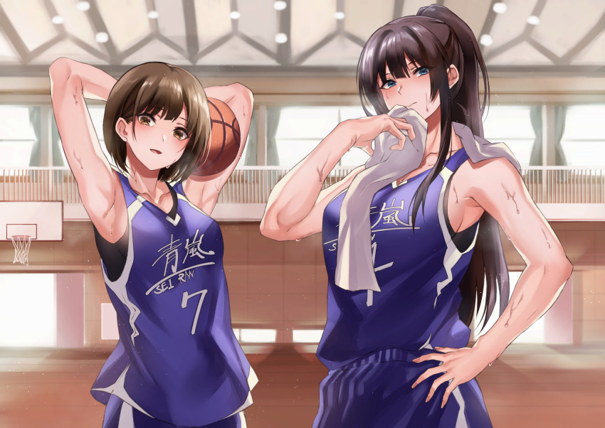 2girls, armpits, arms_behind_head, arms_up, ball, bangs, bare_shoulders, basketball