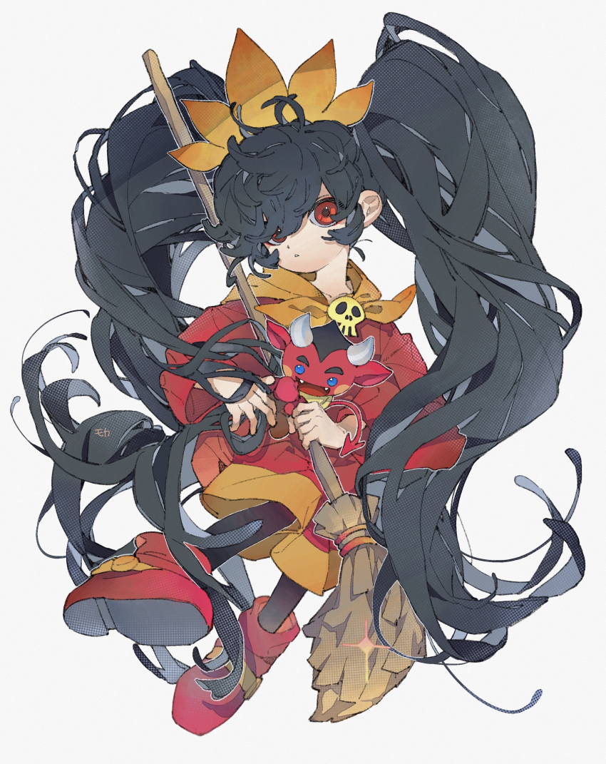 1girl, absurdres, artist_name, ashley_(warioware), big_hair, black_legwear, boots, brooch, broom, daruma_owl, demon, dress, full_body, hair_over_one_eye, hairband, hand_in_hair, highres, holding, holding_broom, jewelry, long_hair, long_sleeves, looking_at_viewer, orange_hairband, orange_neckwear, red_(warioware), red_dress, red_eyes, sailor_collar, screentones, simple_background, skull, solo, sparkle, triangle_mouth, twintails, very_long_hair, warioware, white_background, witch, yellow_sailor_collar