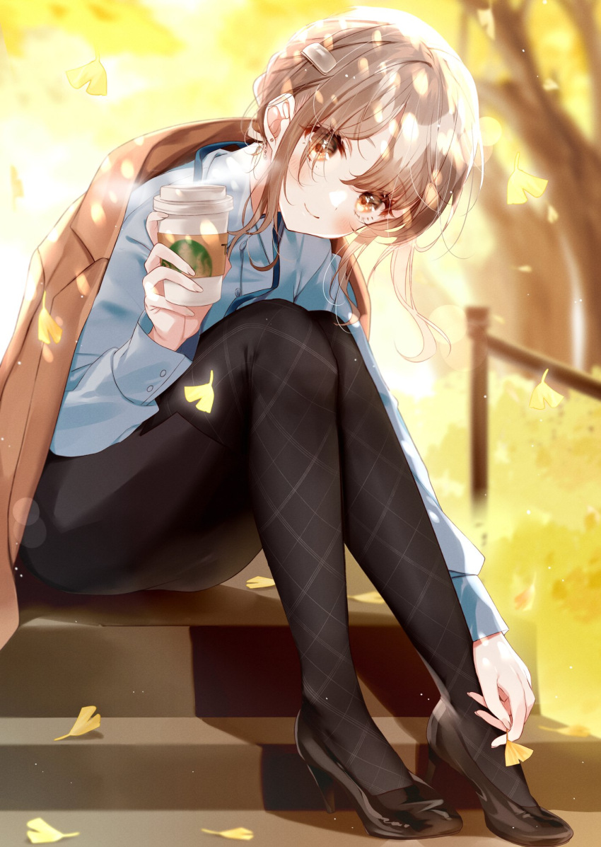 1girl, autumn, black_legwear, blue_shirt, brown_eyes, coffee, coffee_cup, commentary