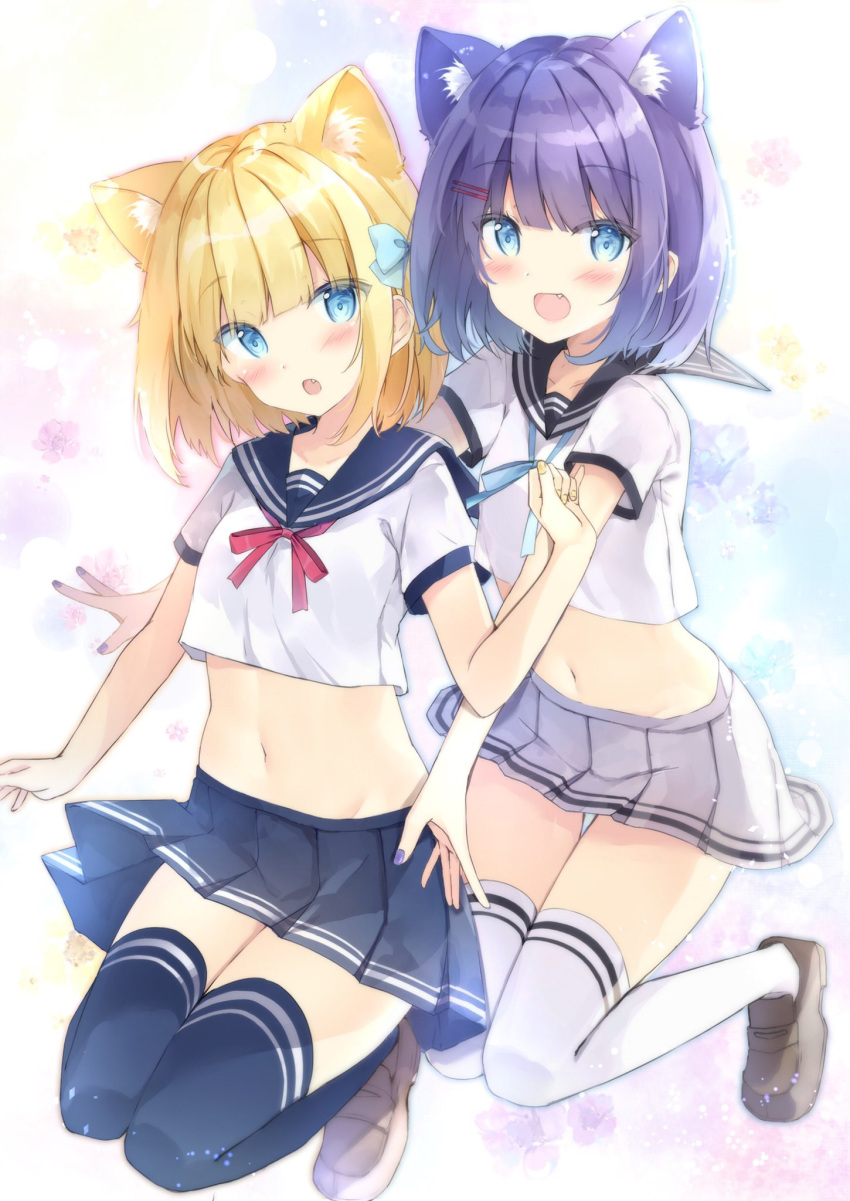 2girls, :d, :o, animal_ear_fluff, animal_ears, bangs, black_legwear, black_sailor_collar, blonde_hair, blue_bow, blue_eyes, blue_sailor_collar, blue_skirt, blush, bow, brown_footwear, commentary, crop_top, eyebrows_visible_through_hair, fang, hair_bow, hair_ornament, hairclip, highres, loafers, looking_at_viewer, midriff, multiple_girls, nail_polish, navel, open_mouth, pleated_skirt, purple_hair, purple_nails, rukiroki, saeki_sora, sailor_collar, sasugano_roki, sasugano_ruki, school_uniform, serafuku, shirt, shoes, short_hair, siblings, sisters, skirt, smile, symbol_commentary, thigh-highs, twins, white_legwear, white_serafuku, white_shirt, white_skirt, youtube