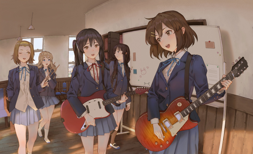 5girls, :d, ;d, akiyama_mio, bangs, black_hair, black_legwear, blazer