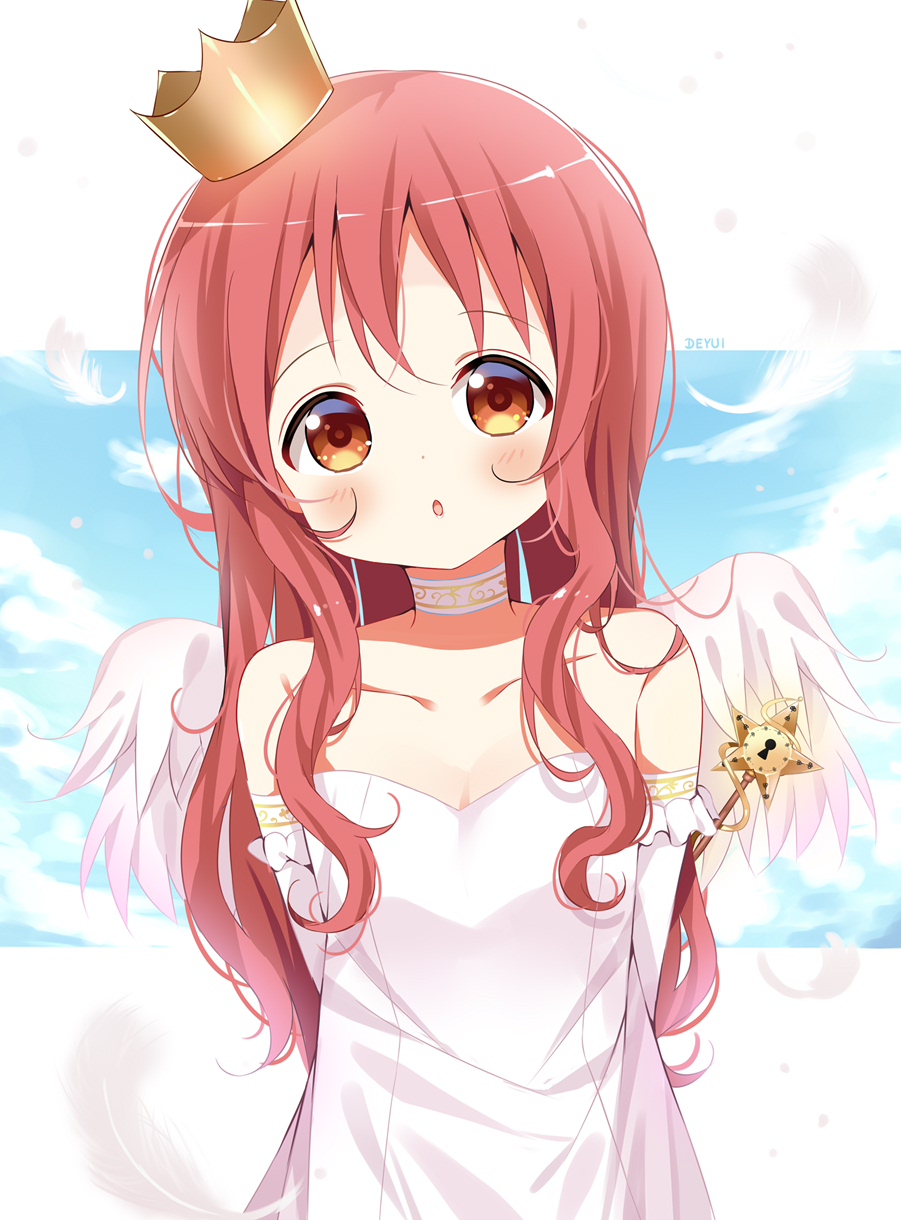 1girl, bare_shoulders, blush, breasts, brown_eyes, collarbone, commentary_request, day, detached_sleeves, deyui, dress, feathered_wings, feathers, gochuumon_wa_usagi_desu_ka?, head_tilt, highres, keyhole, long_hair, looking_at_viewer, mini_wings, natsu_megumi, parted_lips, redhead, small_breasts, solo, star_(symbol), strapless, strapless_dress, very_long_hair, white_dress, white_feathers, white_sleeves, white_wings, wings