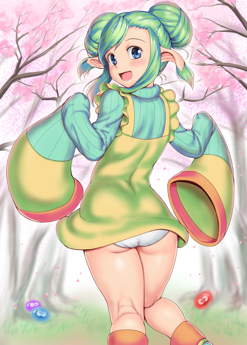 1girl, :d, blue_eyes, day, double_bun, grass, green_hair, highres