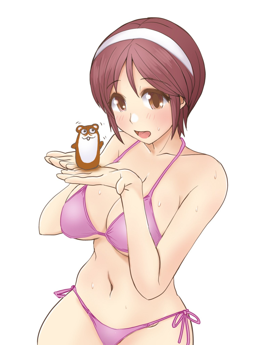 1girl, bikini, bokukawauso, breasts, brown_eyes, brown_hair, commentary_request, cowboy_shot