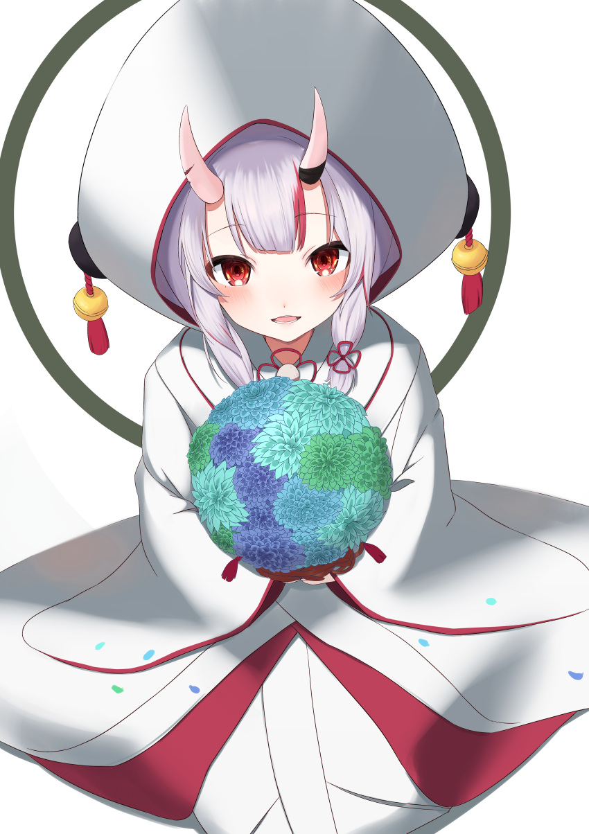 1girl, absurdres, appo_(36786257), bangs, bouquet, bride, commentary, dress