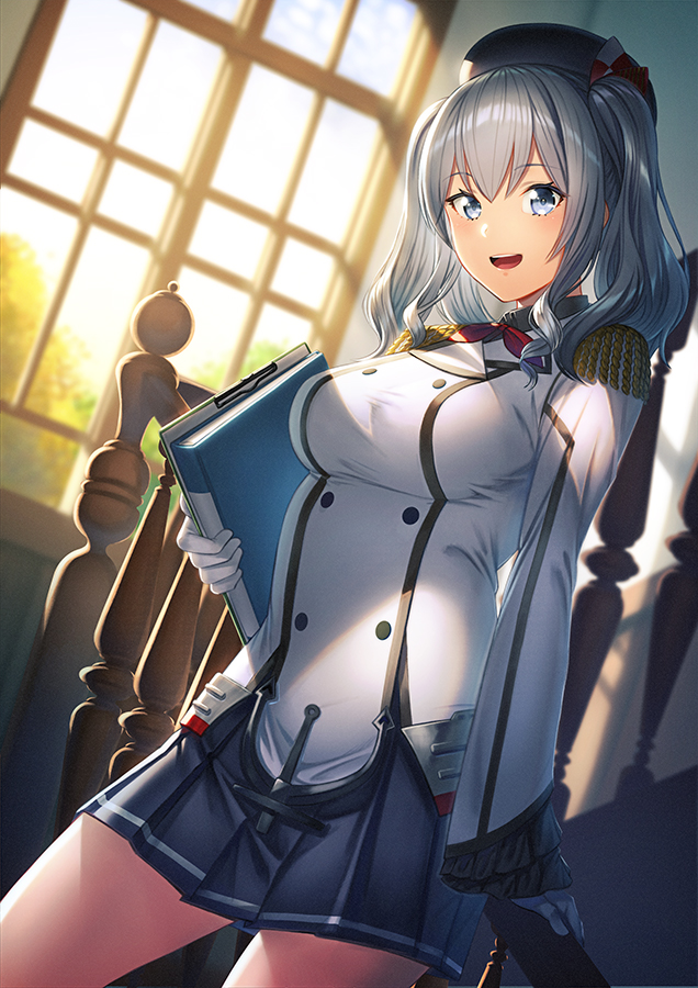 1girl, beret, black_skirt, blue_eyes, blush, breasts, epaulettes, gloves