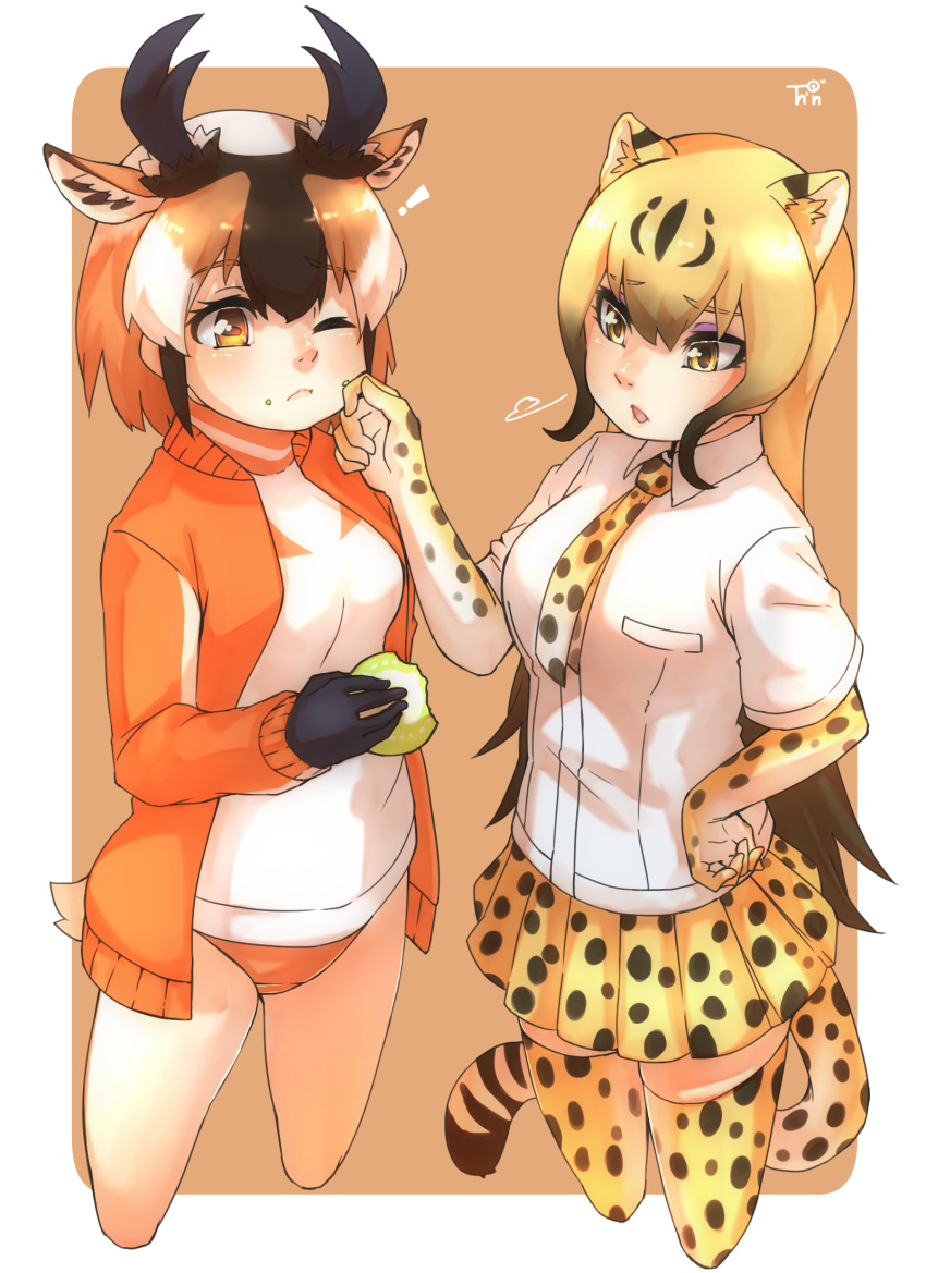 !, 2girls, ;(, =3, animal_ear_fluff, bangs, black_gloves, black_hair, blonde_hair, brown_eyes, buruma, cheetah_(kemono_friends), cheetah_ears, cheetah_print, cheetah_tail, commentary, cropped_legs, eating, elbow_gloves, extra_ears, eyebrows_visible_through_hair, food, food_on_face, gloves, gradient_hair, gym_uniform, hair_between_eyes, hand_on_hip, highres, horizontal_pupils, horns, jacket, japari_bun, kemono_friends, long_hair, long_sleeves, multicolored_hair, multiple_girls, necktie, open_mouth, orange_buruma, orange_hair, orange_jacket, print_gloves, print_legwear, print_neckwear, print_skirt, pronghorn_(kemono_friends), shirt, short_hair, short_sleeves, sigh, simple_background, skirt, tail, thigh-highs, thin_(suzuneya), track_jacket, white_shirt, yellow_eyes, zettai_ryouiki