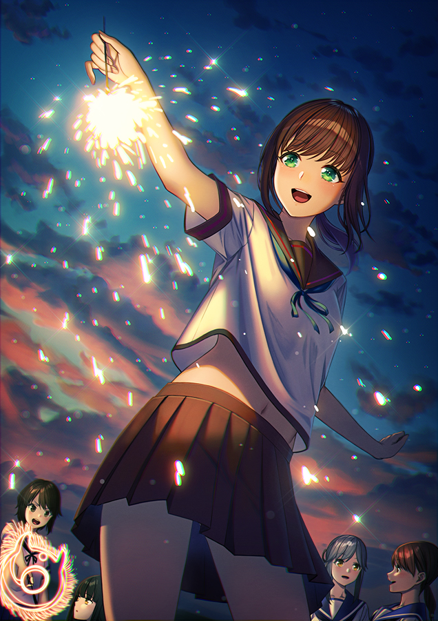 5girls, black_hair, brown_hair, enemy_lifebuoy_(kantai_collection), fireworks, fubuki_(kantai_collection), gradient_sky, green_eyes