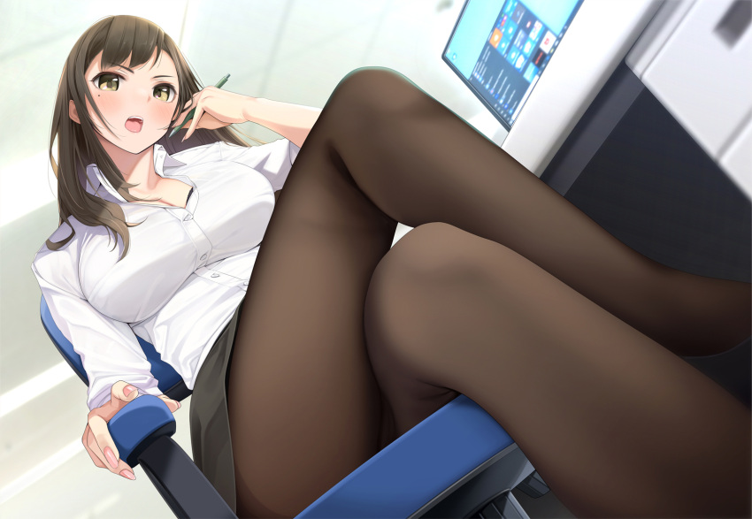 1girl, bangs, blush, breasts, brown_hair, collared_shirt, crossed_legs, fed_(giba)