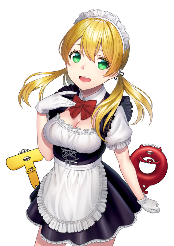 1girl, :d, alternate_costume, apron, aqua_eyes, blonde_hair, breasts, commentary_request, enemy_lifebuoy_(kantai_collection), eyebrows_visible_through_hair, gloves, hair_between_eyes, kantai_collection, large_breasts, long_hair, maid, maid_apron, maid_headdress, non-human_admiral_(kantai_collection), open_mouth, prinz_eugen_(kantai_collection), simple_background, smile, solo, t-head_admiral, twintails, unowen, white_background, white_gloves