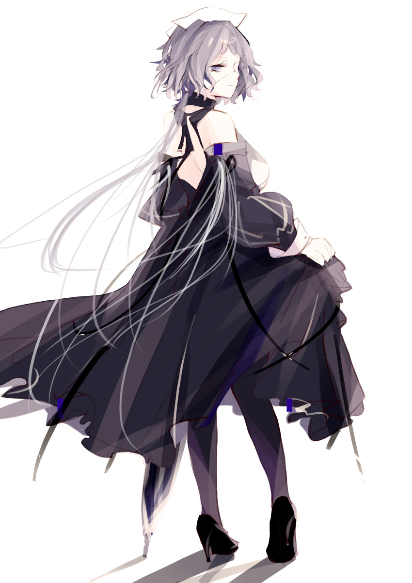 1girl, absurdres, arknights, bare_shoulders, black_dress, black_footwear, commentary_request, dress, full_body, grey_eyes, high_heels, highres, long_hair, long_sleeves, pantyhose, partial_commentary, silver_hair, simple_background, skirt_hold, solo, standing, very_long_hair, whisperain_(arknights), white_background, wuws