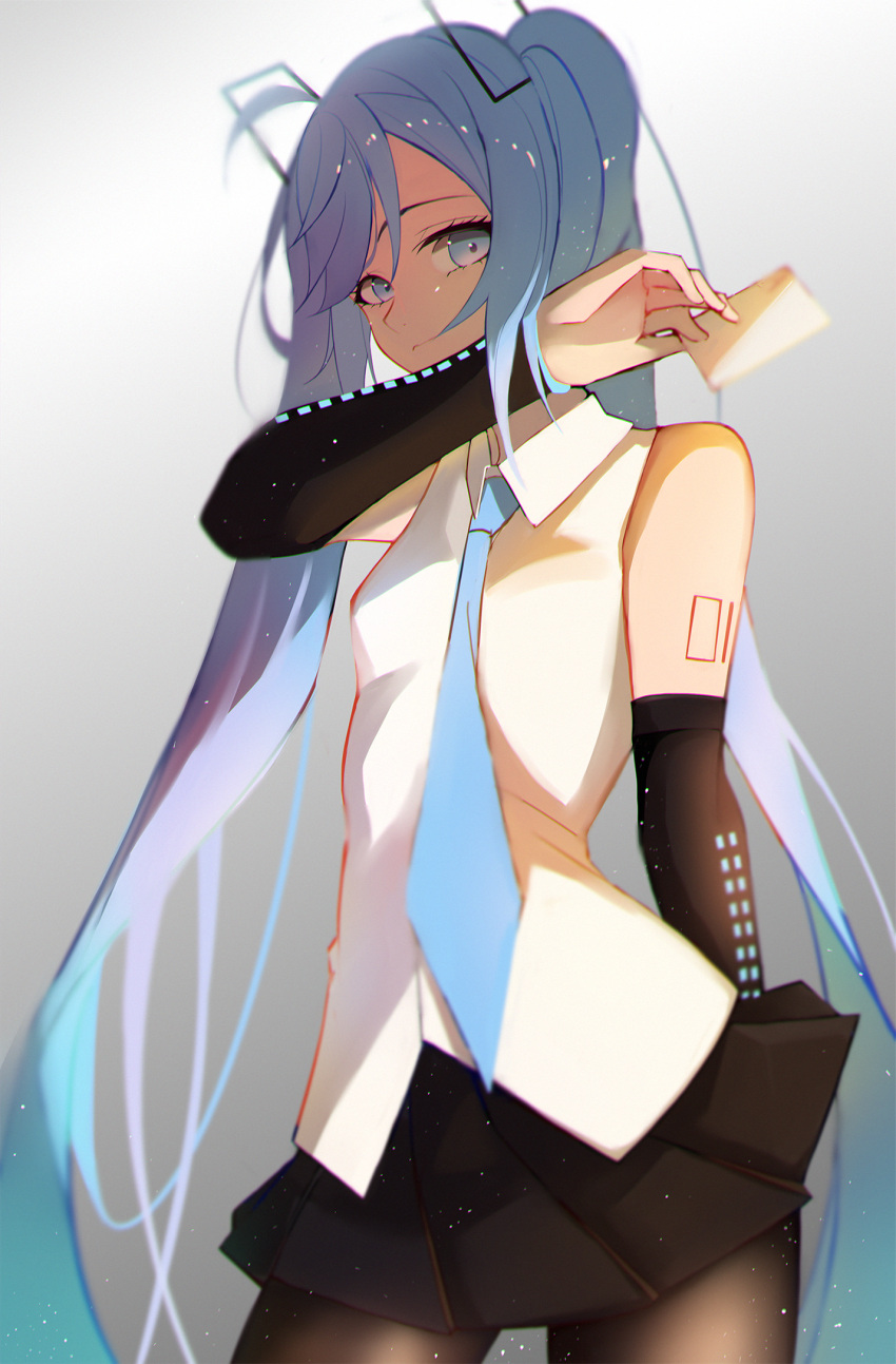 1girl, arm_behind_back, arm_tattoo, black_skirt, blue_eyes, blue_hair, detached_sleeves, hatsune_miku, highres, jijing_zishui, long_hair, skirt, solo, tattoo, twintails, very_long_hair, vocaloid