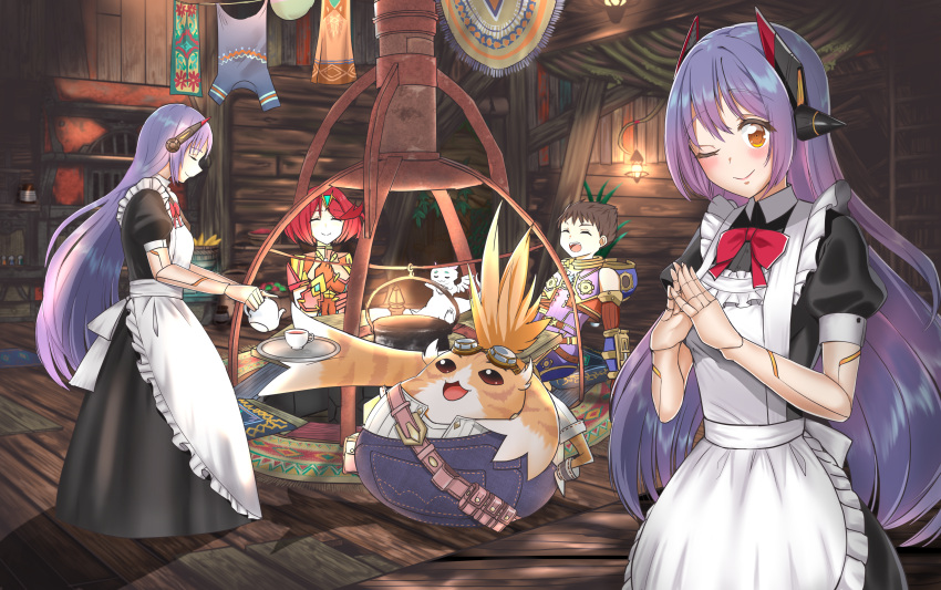 1boy, 4girls, :d, ;), absurdres, alternate_costume, android, apron