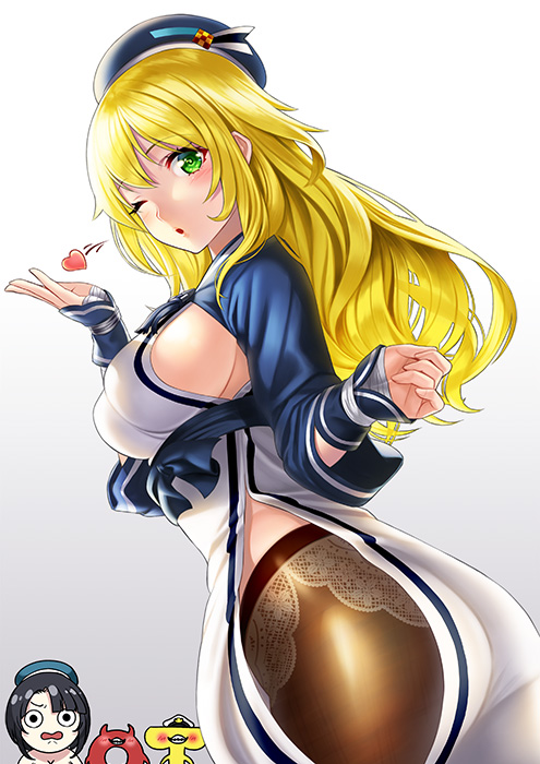 2girls, ainu_clothes, atago_(kantai_collection), beret, black_hair, blonde_hair, blue_headwear, blush, breasts, brown_legwear, cosplay, enemy_lifebuoy_(kantai_collection), gradient, gradient_background, green_eyes, hat, heart, kamoi_(kantai_collection), kamoi_(kantai_collection)_(cosplay), kantai_collection, large_breasts, long_hair, long_sleeves, multiple_girls, one_eye_closed, pantyhose, sideboob, t-head_admiral, takao_(kantai_collection), unowen