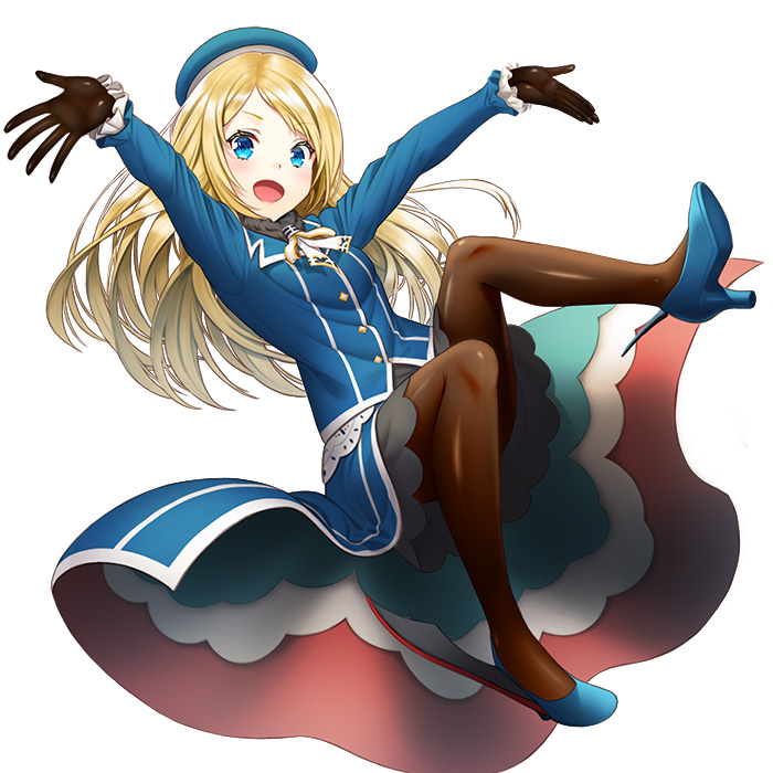 1girl, :d, arms_up, atago_(kantai_collection), atago_(kantai_collection)_(cosplay), beret, black_gloves, blonde_hair