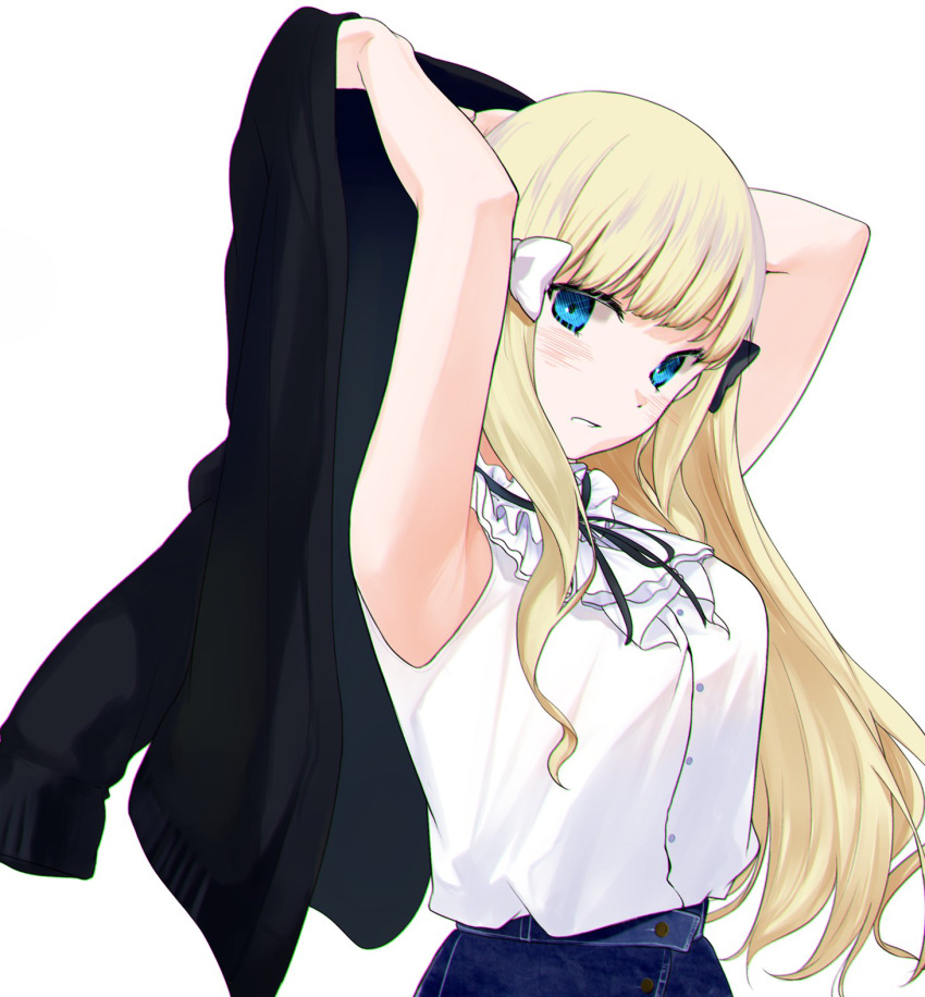 1girl, armpits, bangs, bigappletart, black_bow, blonde_hair, blue_eyes, blush