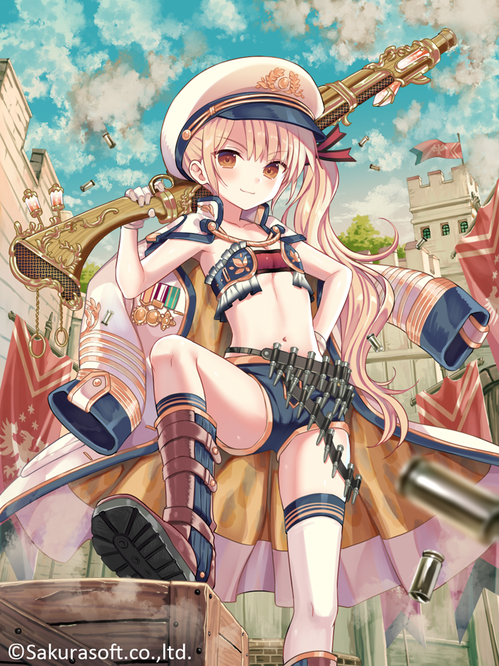1girl, ammunition_belt, armpits, bandeau, bare_arms, belt, blonde_hair, blue_shorts, boots, brown_eyes, bullet, coat, coat_on_shoulders, day, finger_on_trigger, flat_chest, gloves, gold_trim, gun, hand_on_hip, hand_up, hat, holding, holding_gun, holding_weapon, knee_boots, long_hair, long_sleeves, looking_at_viewer, midriff, military_hat, navel, official_art, peaked_cap, revealing_clothes, rifle, short_shorts, shorts, side_ponytail, sleeveless, smile, solo, standing, stomach, teikoku_senki, thigh_strap, thighs, very_long_hair, watermark, weapon, white_coat, white_gloves, white_headwear, yuuki_rika