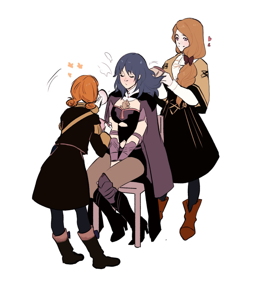 3girls, annette_fantine_dominic, blonde_hair, blue_hair, blue_legwear, boots, bow, byleth_(fire_emblem)