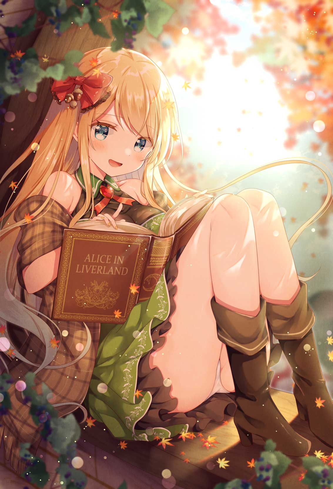 1girl, acorn_hair_ornament, bangs, blonde_hair, blue_eyes, blush, book, boots, dress, emori_miku_project, emu_alice, gomano_rio, green_dress, hair_ribbon, highres, knees_together, leaf, long_hair, looking_at_viewer, maple_leaf, outdoors, panties, plaid, ribbon, shoulders, smile, solo, tree_shade, underwear, white_panties