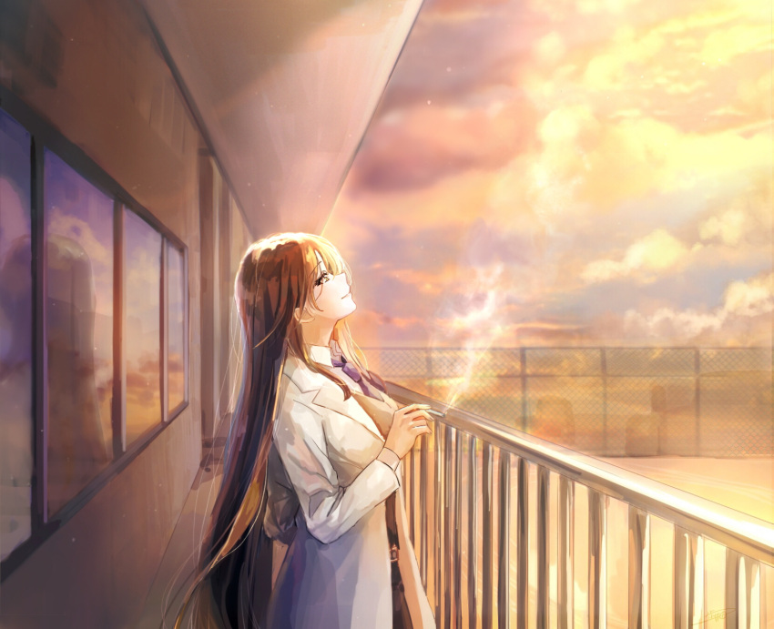 1girl, beige_vest, black_hair, black_pants, chain-link_fence, cigarette, clouds, coat