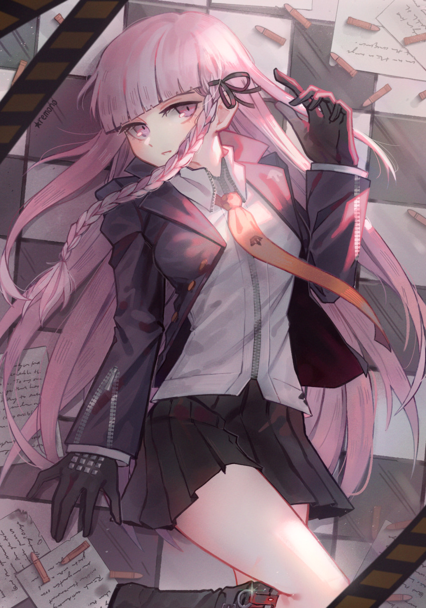 1girl, bangs, black_coat, black_footwear, black_gloves, black_ribbon, black_skirt, blunt_bangs, botos, braid, closed_mouth, coat, collared_shirt, dangan_ronpa, dangan_ronpa_1, dress_shirt, from_above, gloves, hair_ribbon, highres, kirigiri_kyouko, long_hair, long_sleeves, looking_at_viewer, miniskirt, open_clothes, open_coat, orange_neckwear, pink_eyes, pink_hair, pleated_skirt, remonoart, ribbon, shirt, single_braid, skirt, solo, very_long_hair, white_shirt, wing_collar