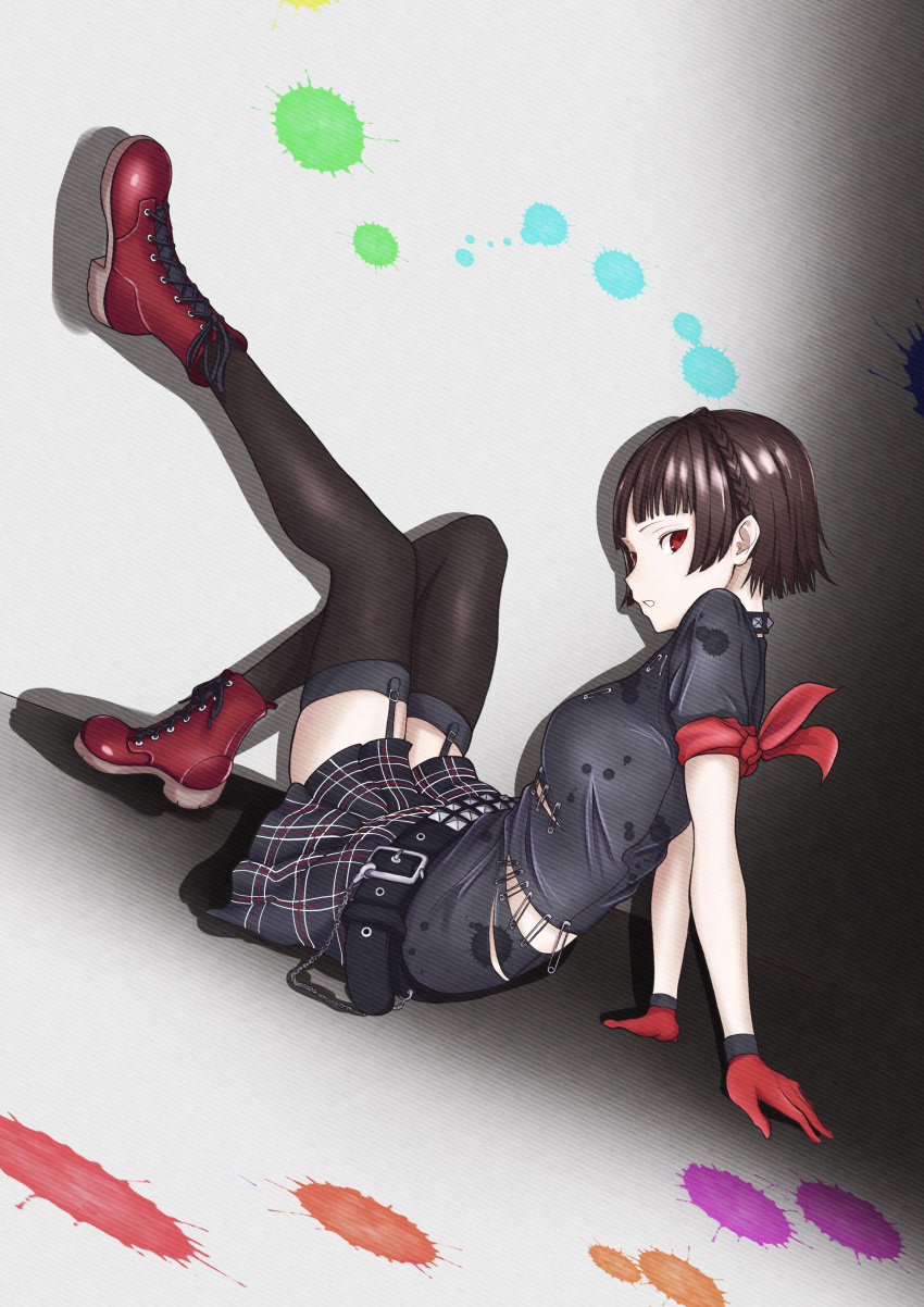 1girl, absurdres, black_legwear, black_shirt, black_skirt, boots, braid, brown_hair