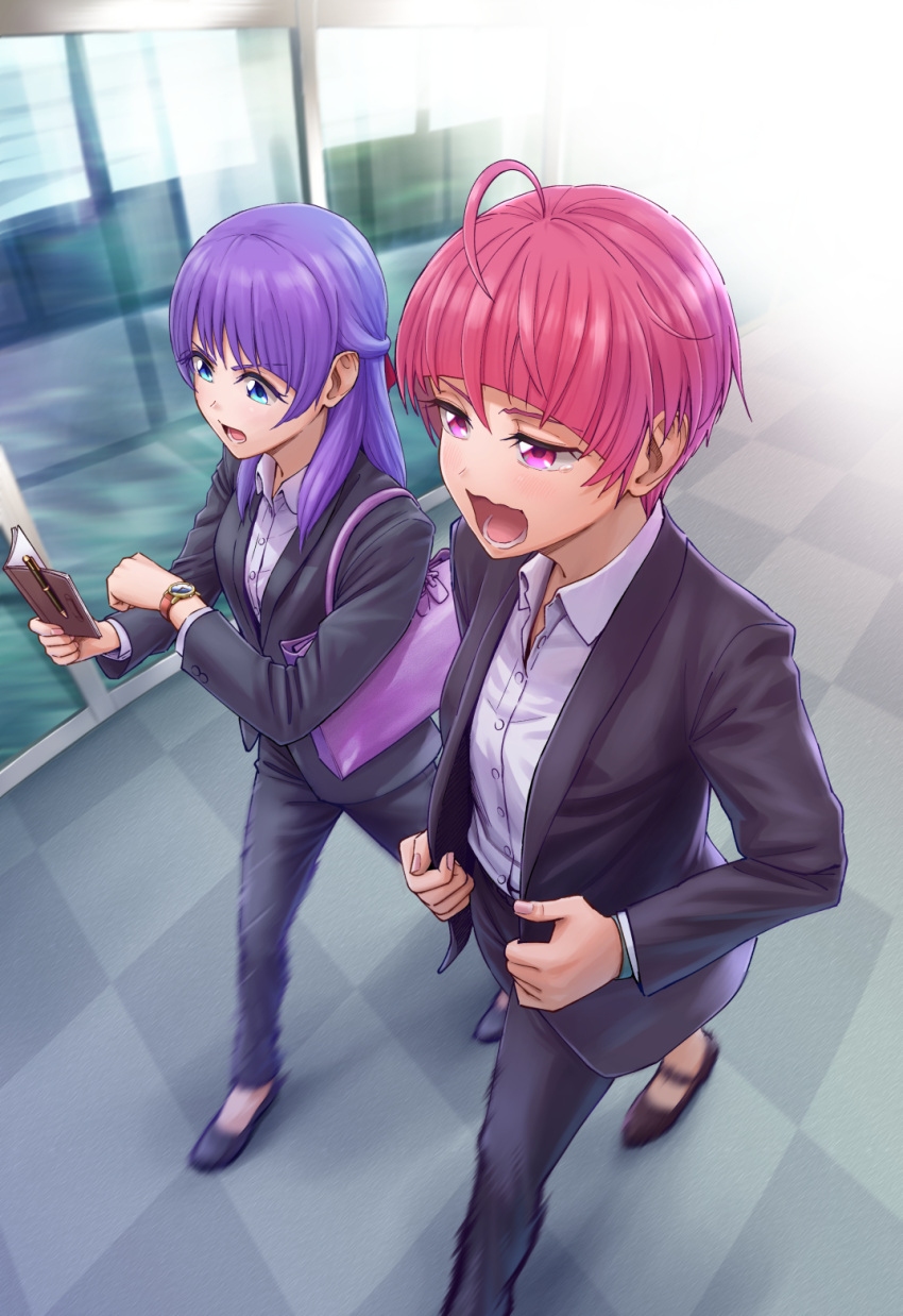 2girls, ahoge, bag, black_footwear, black_jacket, black_pants, blazer, blue_eyes