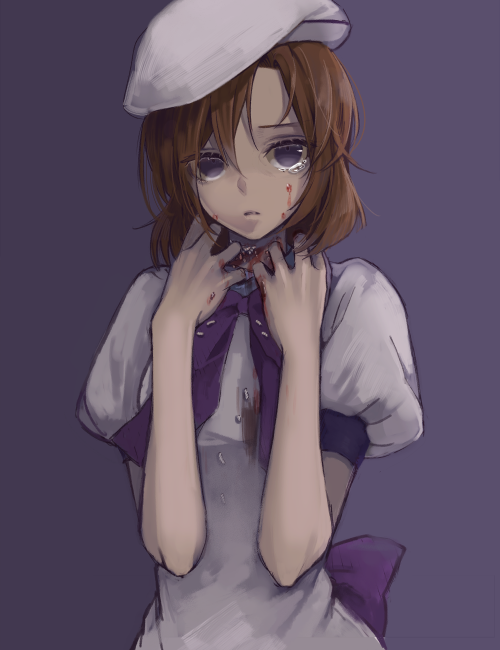 1girl, bangs, brown_hair, closed_mouth, coma_(fginiy), dress, hair_between_eyes, hat