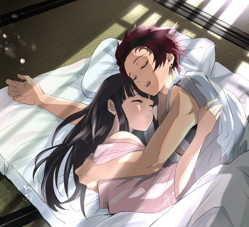 1boy, 1girl, black_hair, closed_eyes, couple, earrings, floating_hair, forehead_scar, futon, grey_kimono, hetero, japanese_clothes, jewelry, kamado_tanjirou, kimetsu_no_yaiba, kimono, long_hair, lying, on_side, open_mouth, parted_lips, pink_kimono, redhead, san_mon, scar, shiny, shiny_hair, short_hair, sleeping, tsuyuri_kanao