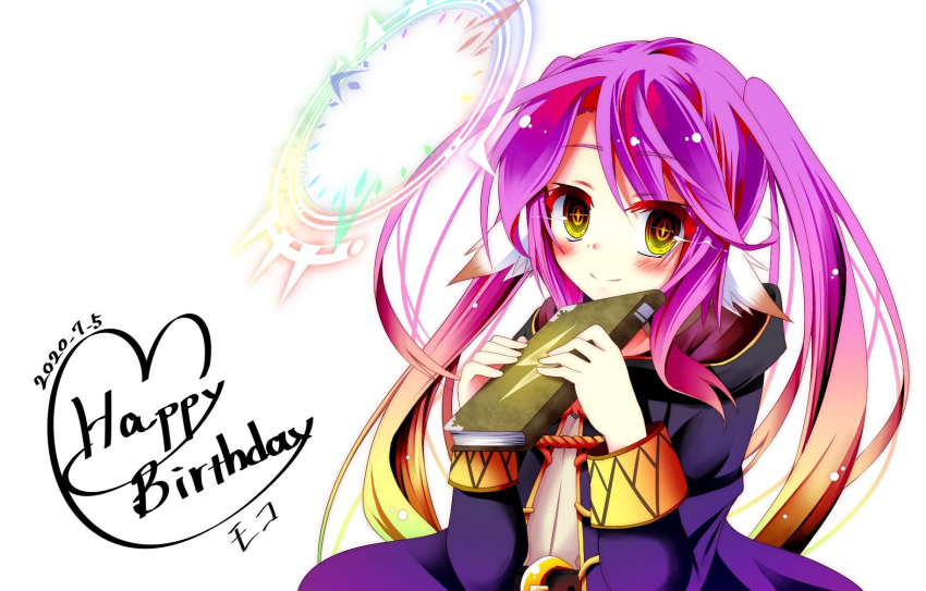 1girl, book, cape, closed_mouth, commentary_request, cosplay, dated, fire_emblem, fire_emblem_awakening, gradient_eyes, gradient_hair, halo, happy_birthday, highres, hood, jibril_(no_game_no_life), long_hair, looking_at_viewer, magic_circle, mii_aki, multicolored, multicolored_eyes, multicolored_hair, no_game_no_life, orange_eyes, pink_hair, robin_(fire_emblem), robin_(fire_emblem)_(female), robin_(fire_emblem)_(female)_(cosplay), smile, solo, twintails, very_long_hair, wing_ears, yellow_eyes