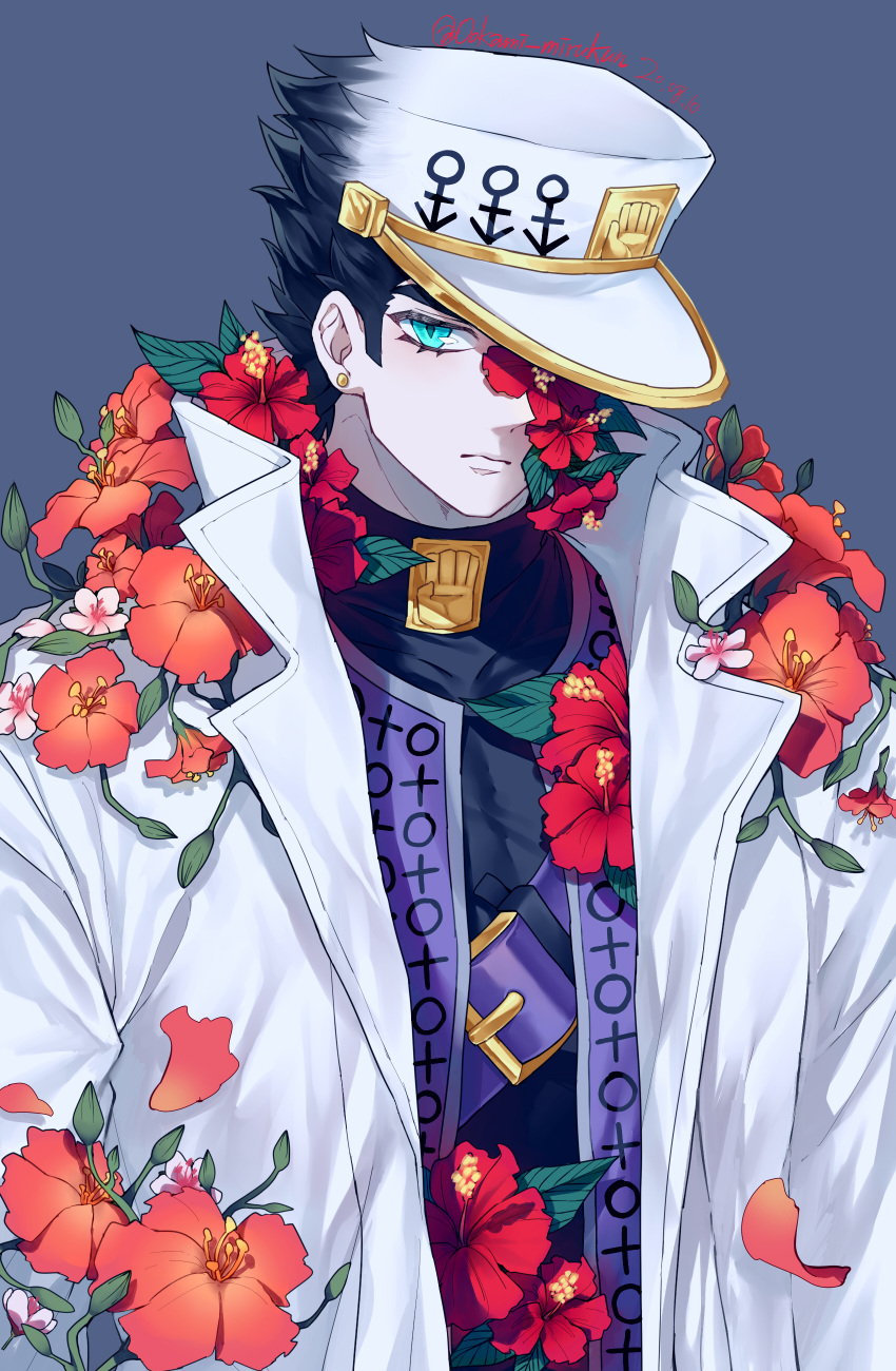 1boy, absurdres, aqua_eyes, belt, black_hair, blue_background, coat, dated, diamond_wa_kudakenai, earrings, expressionless, flower, flower_over_eye, flower_request, hat, highres, jacket, jewelry, jojo_no_kimyou_na_bouken, kuujou_joutarou, male_focus, muscle, one_eye_covered, ookamimiru, open_clothes, open_coat, open_jacket, popped_collar, red_flower, solo, turtleneck, twitter_username, undershirt, white_coat, white_headwear