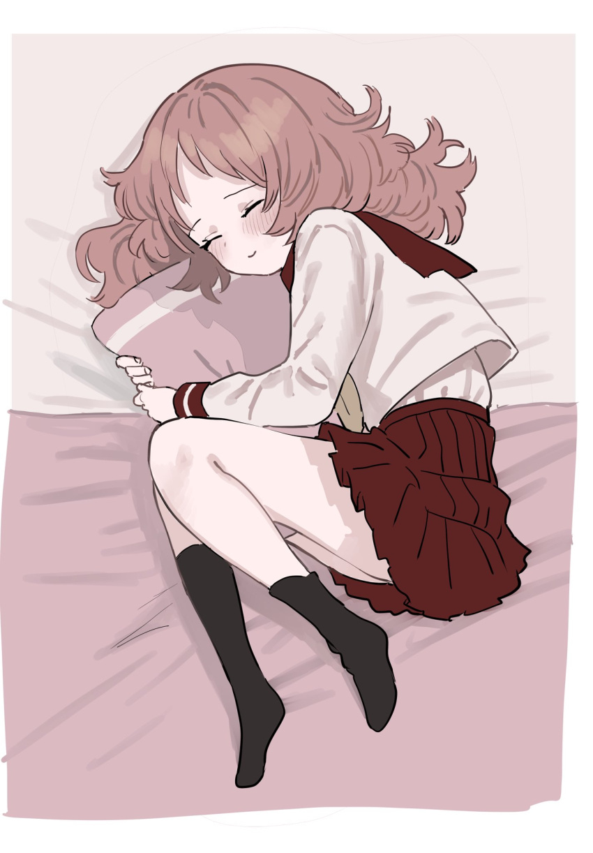 black_legwear, blush, brown_hair, closed_eyes, fujichika_koume, full_body, highres, long_hair, lying, mie_(sukinako_ga_glasses_wo_wasureta), pillow, pillow_hug, red_sailor_collar, red_skirt, sailor_collar, school_uniform, skirt, smile, sukinako_ga_glasses_wo_wasureta, white_skirt