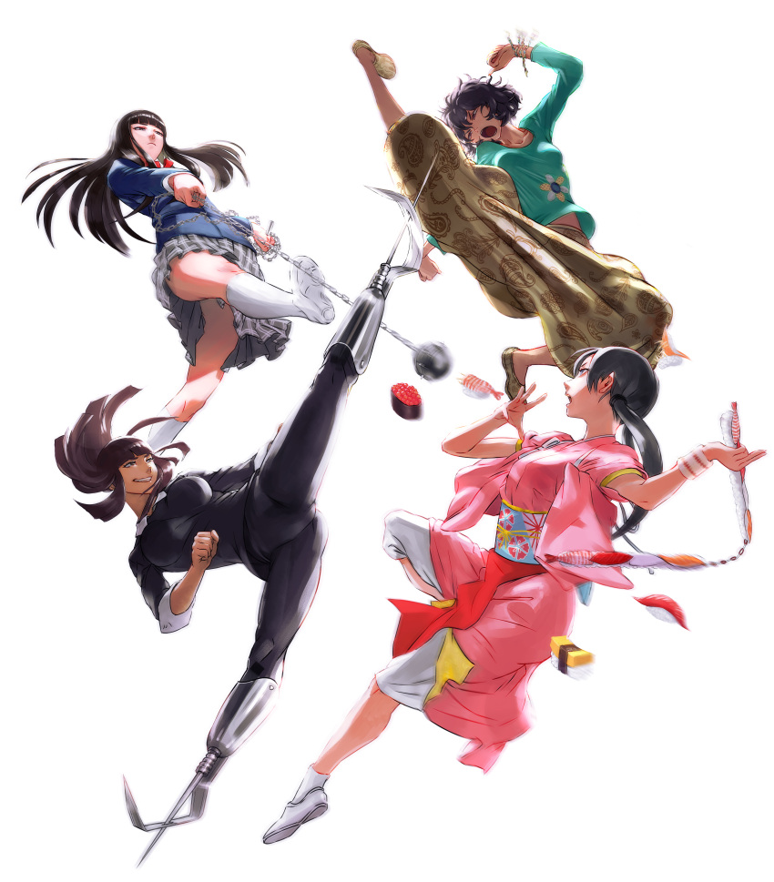 4girls, absurdres, action, amputee, ankle_socks, ball_and_chain, bangs, black_hair