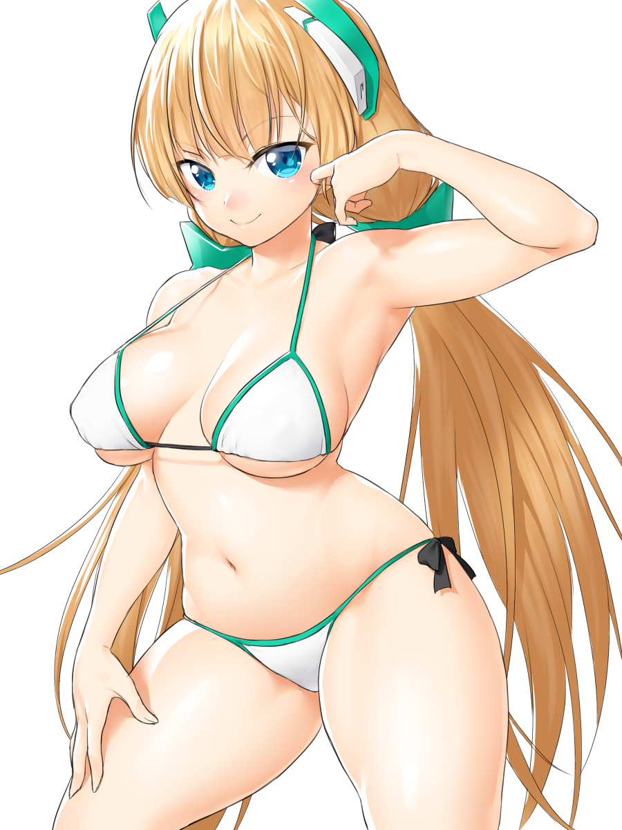 1girl, angela_balzac, armpits, bare_shoulders, bikini, blonde_hair, blue_eyes, border