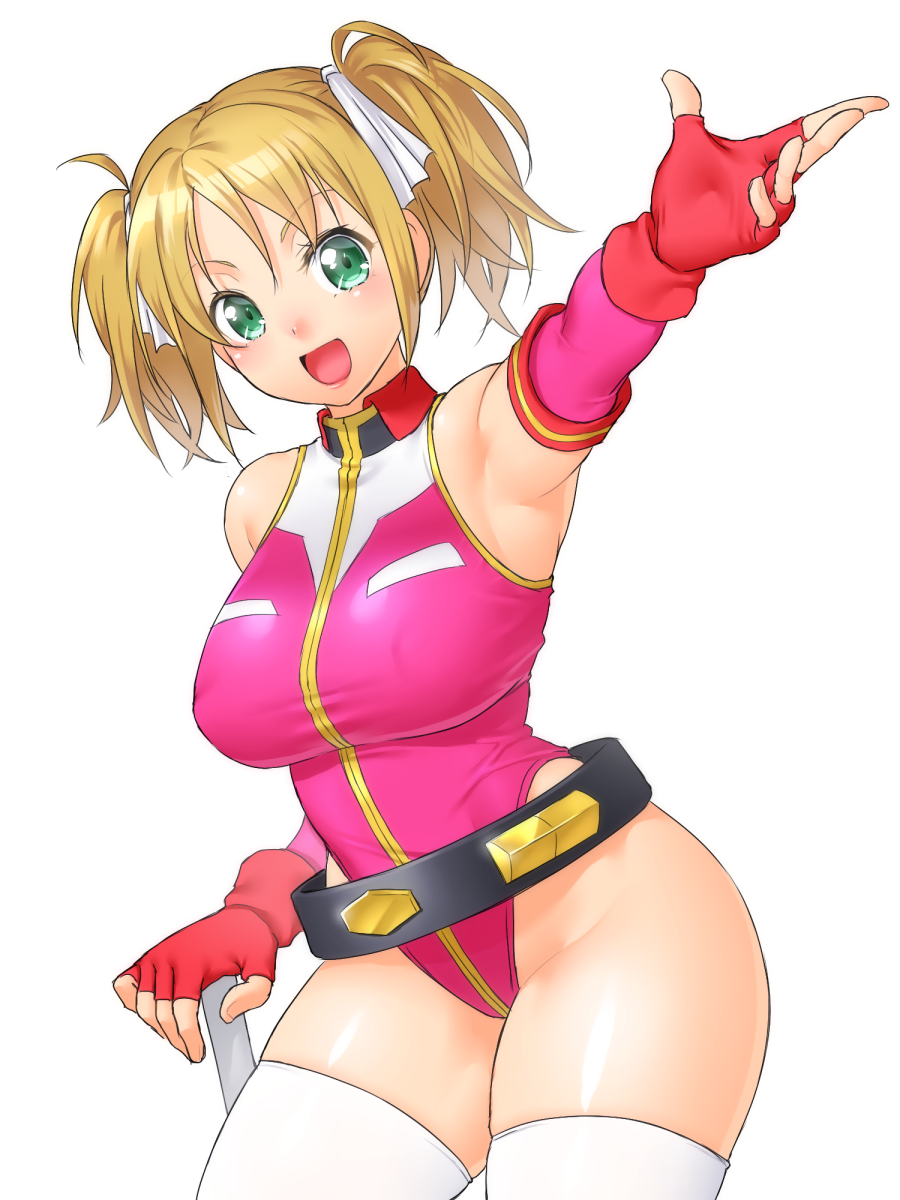 1girl, :d, armpits, bare_shoulders, breasts, brown_hair, cowboy_shot, elbow_gloves