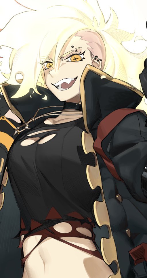 1girl, alchemy_stars, blonde_hair, breasts, choker, ear_piercing, jacket, jewelry