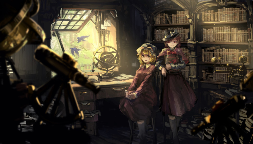 2girls, armillary_sphere, bird, blonde_hair, book, bookshelf, brown_hair, dr.latency's_freak_report