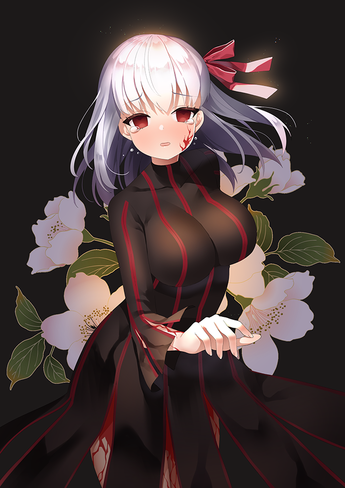 1girl, black_background, black_dress, bow, breasts, cherry_blossoms, cowboy_shot, dark_sakura, dress, empty_eyes, facial_mark, fate/stay_night, fate_(series), flower, hair_bow, heaven's_feel, large_breasts, looking_at_viewer, matou_sakura, moi_(latte_art), object_namesake, open_mouth, red_bow, red_eyes, short_hair, simple_background, solo, standing, tears, white_hair