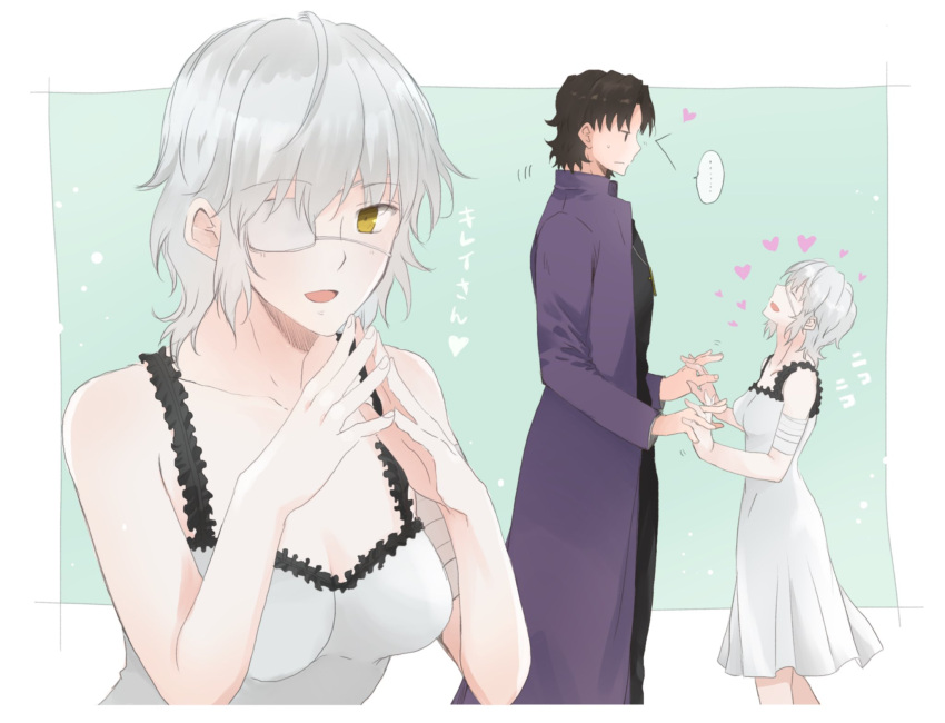 1boy, 1girl, bandages, brown_hair, claudia_hortensia, commentary_request, couple, dress