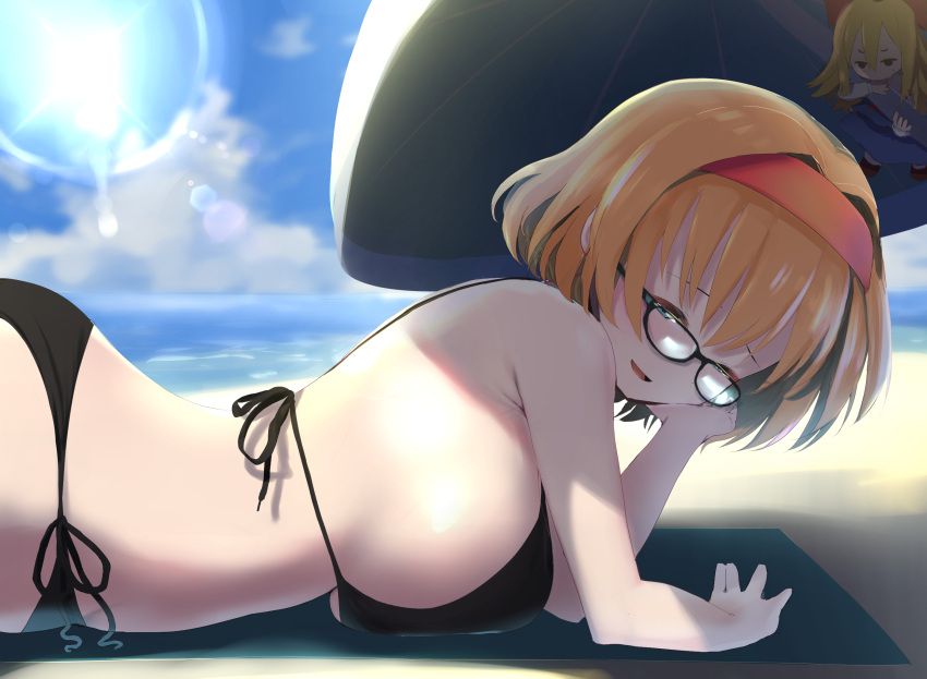 1girl, alice_margatroid, bangs, bare_arms, bare_shoulders, beach, beach_umbrella, bespectacled