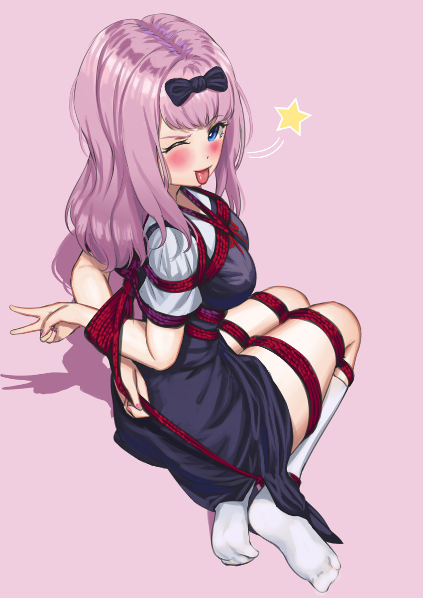 1girl, ;p, absurdres, arms_behind_back, bangs, bdsm, black_bow, black_dress