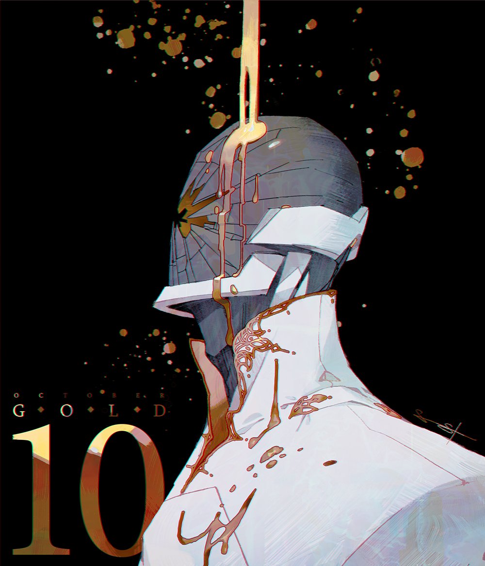 1boy, black_background, broken_glass, close-up, english_commentary, english_text, formal, from_side
