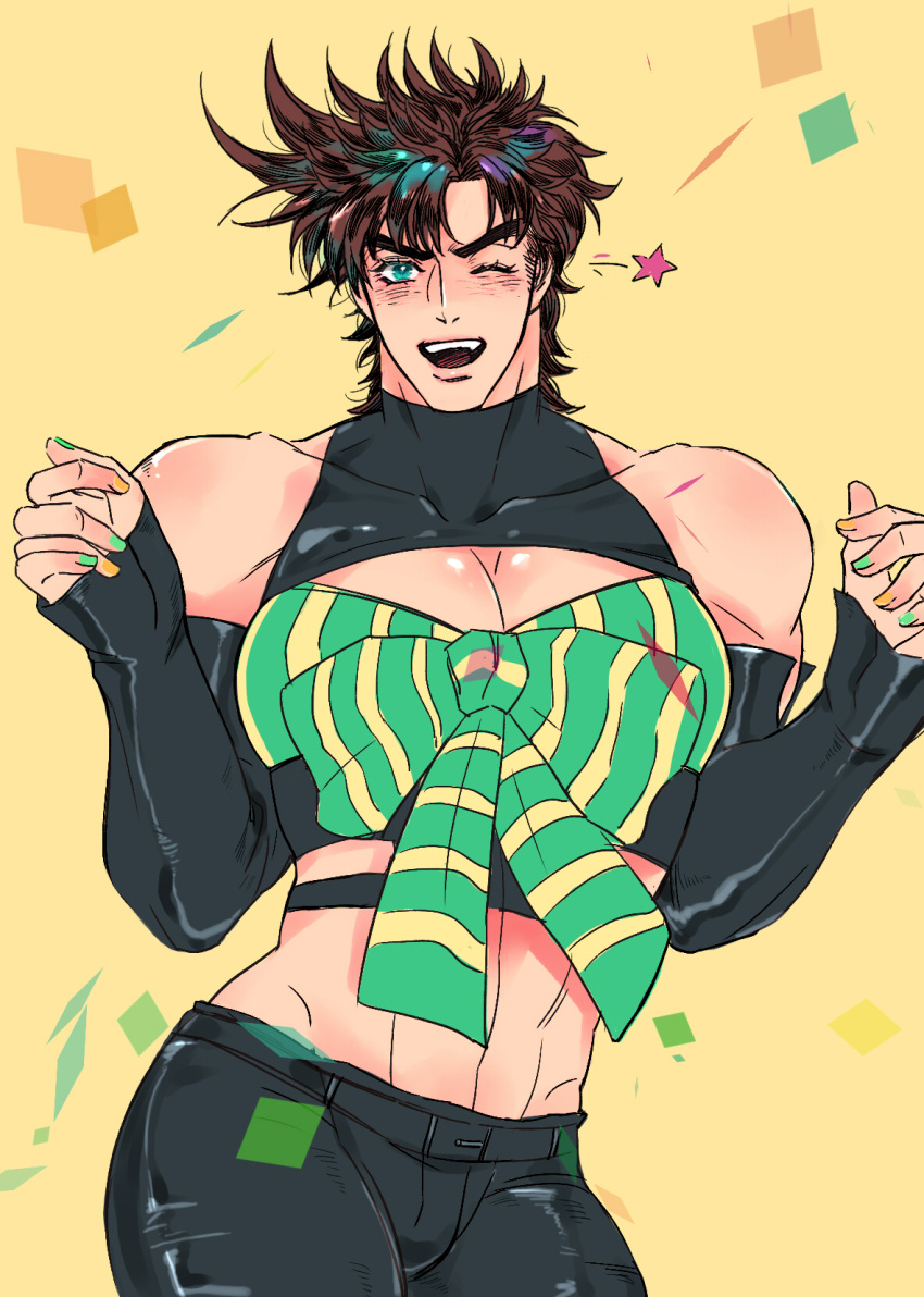 1boy, abs, bare_shoulders, black_pants, blue_eyes, blush, bow, bowtie, brown_hair, chest, chest_harness, cleavage_cutout, clothing_cutout, confetti, fabulous, gradient_hair, harness, highres, jojo_no_kimyou_na_bouken, joseph_joestar_(young), looking_at_viewer, male_focus, medium_hair, midriff, multicolored_hair, muscle, nail_polish, one_eye_closed, pants, pose, sideburns, sleeves_past_wrists, solo, sparkle, thick_thighs, thighs, tight, tight_pants, xing_xiao
